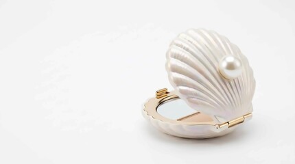 Fototapeta premium Beautiful pearlescent seashell compact mirror featuring a shiny white pearl on a clean white background