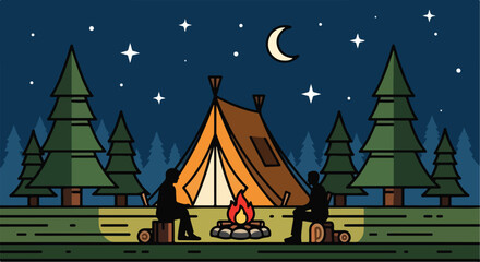 Camping scene at night with tent and campfire © Mulyadi