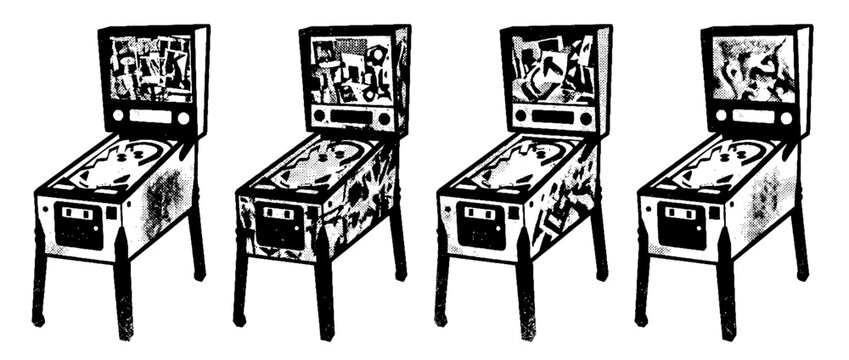 A stylized array of four pinball machines illustrated in a unique halftone vector art style, emphasizing nostalgia and playful entertainment.