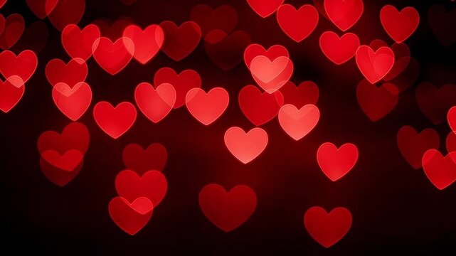 Soft glowing red hearts gently floating and pulsing in a dark dreamy romantic space background