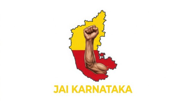 Map of karnataka state in yellow and red colors with a raised muscular fist india