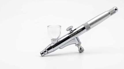 Fototapeta premium Shiny silver airbrush tool for professional makeup application set against a clean white studio background