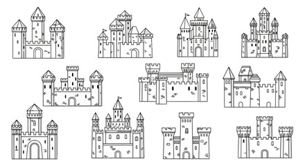 Medieval castle icons with various tower and wall designs © nando