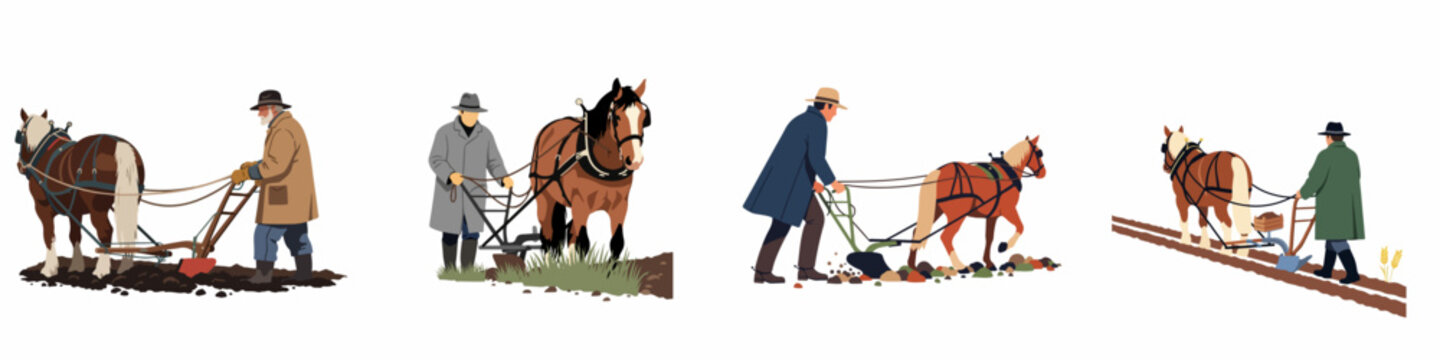 Four vintage-style illustrations of farmers using horse-drawn plows to till soil, showcasing traditional and historical agricultural methods.