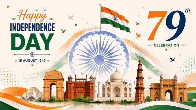 Indian Independence Day 79th celebration banner, national flag and monuments illustration, tricolor patriotic background for 15 August 1947