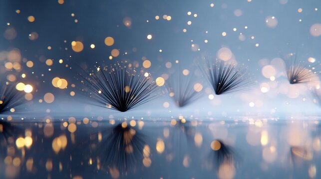 Radial ferrofluid spikes on reflective navy surface with gold bo