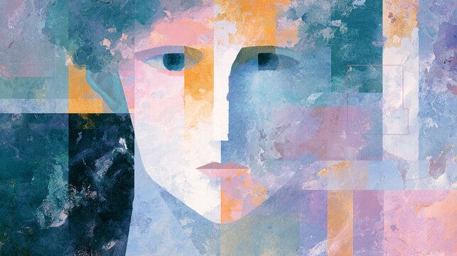Cubism style fresco painting portrait with pastel color geometri