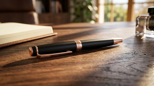 Executive desk highlighting a black writing pen with rose gold accents resting on a smooth wooden surface under beautiful warm sunlight.