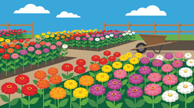 Colorful Zinnia Cut Flower Garden in Full Bloom