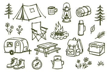 Naklejka premium Camping Doodle Set Hand Drawn Outdoor Vector Illustration