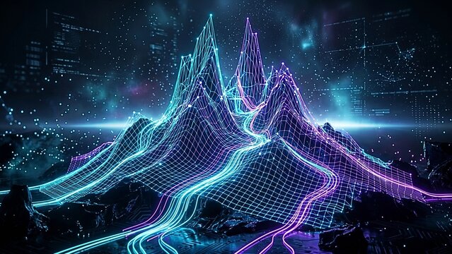 Futuristic Digital Mountain Landscape Featuring Glowing Data Flow Networks and Advanced Cybernetic Wireframe Topography Visualization