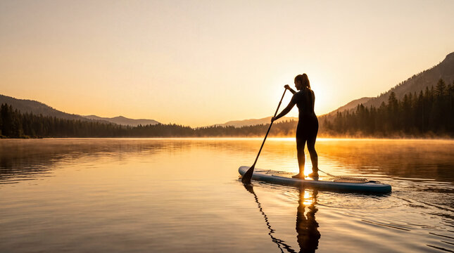Active Woman Stand Up Paddleboarding on Calm Lake at Golden Sunrise with Copy Space