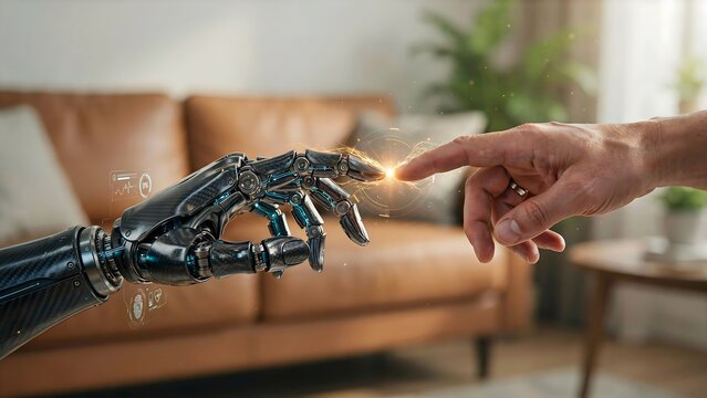 Human hand touching robotic hand with sparks symbolizing artificial intelligence and technology
