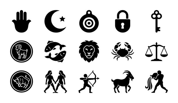 Mystical zodiac icons and esoteric symbols set, black silhouette astrology signs vector, 15 spiritual celestial elements for horoscope branding