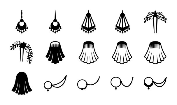 Traditional Indian bridal jewelry and accessories set, 15 black vector icons of maang tikka, nath nose rings, hair pins and wedding veils