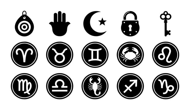 Mystical zodiac signs and spiritual symbols set, 15 black vector icons including astrology horoscopes, hamsa hand, crescent moon and evil eye