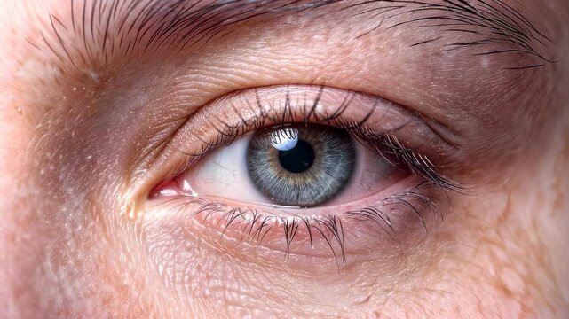 Detailed close-up of human eye with blue iris and textured skin. Extreme close-up shot with subtle camera panning and tilting.