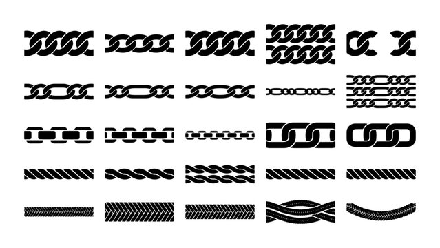 Black metal chain link collection, 25 industrial rope and cable vector brushes, decorative jewelry chain border set for graphic design