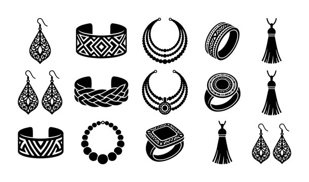 Bohemian jewelry icons set, ethnic tribal accessories collection in black vector silhouettes, fashion jewelry elements for catalog design