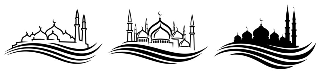 Mosque silhouette landscape with minarets and domes on abstract wavy base © Logan