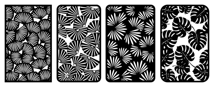Tropical leaf pattern panels for laser cutting with monstera and palm foliage designs