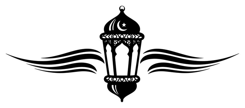 Ramadan lantern silhouette with decorative wings and crescent star symbol