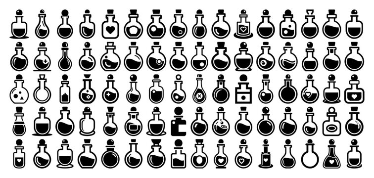 Magic potion bottle icons set for fantasy game assets or alchemy design in line art style