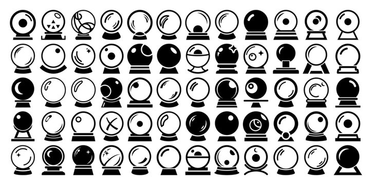 Crystal ball and magic sphere icons set in black and white silhouette style