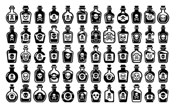 Poison bottles with skull and crossbones icons set in vintage silhouette style