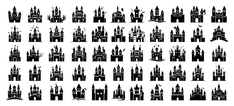 Haunted castle and spooky dracula palace silhouettes collection for halloween