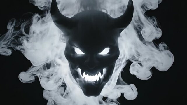Thick White Smoke Morphing Into a Menacing Demon Face with Horns Against a Black Background