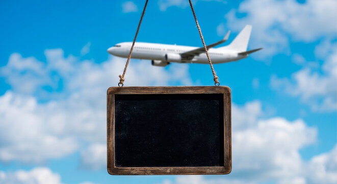 Blank Hanging Chalkboard Sign With Airplane In Blue Sky Background