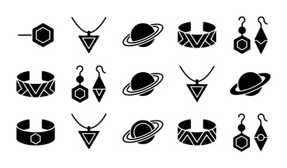 Minimalist jewelry icon set, black geometric jewelry vector elements, modern fashion accessories collection for branding and web design © Sajid
