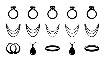 Minimalist jewelry icon set, 15 black vector silhouettes of diamond rings and necklaces, elegant fashion accessories for wedding and retail branding © Sajid