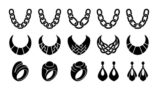 Black jewelry icons set, luxury fashion accessories collection, elegant necklace and ring vector silhouettes, 15 jewelry items for retail branding