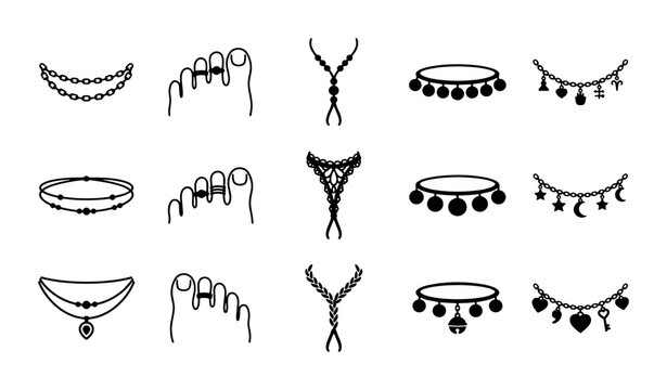 Minimalist jewelry icon set, 15 black line vector elements of necklaces and toe rings, elegant fashion accessories for beauty and retail design