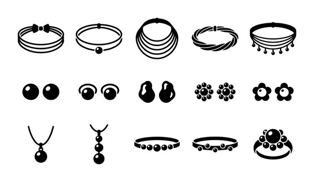 Minimalist jewelry icon set, black and white fashion accessories collection, 15 vector icons of necklaces, earrings, bracelets and rings
