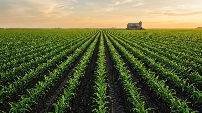 Rows of young green corn plants in a vast agricultural field at sunset with a distant farmhouse