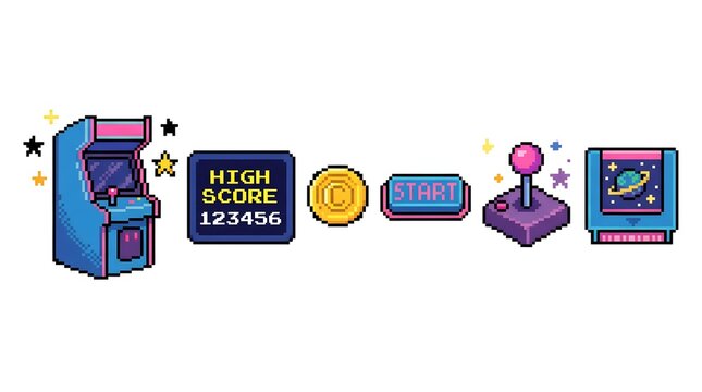 Pixel art arcade game elements including machine coin joystick and monitor on white background