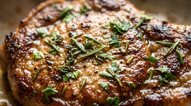 Buttery crust with herb flecks (rosemary, thyme, parsley) and cracked black pepper, tiny streaks of pan jus shining in the crevices
