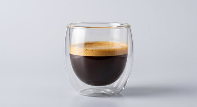 Double Wall Glass Cup With Espresso Coffee On Light Gray Background
