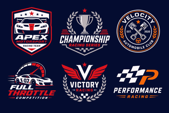 A collection of six distinct racing and motorsport themed logos and emblems, featuring cars, trophies, and speed elements on a dark background.