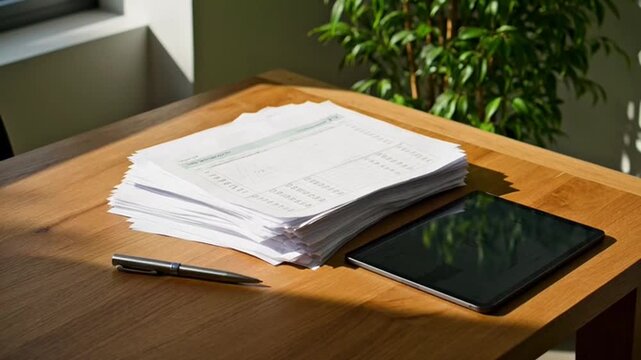 Stack of papers with tablet and pen on wooden desk in sunlight.