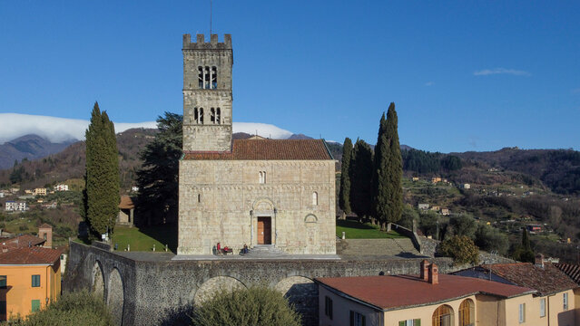 Aerial views of the medieval town of the Duomo of Barga 