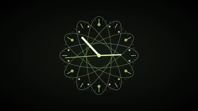 Abstract atomic clock animation with rotating orbital rings and glowing green time hands science
