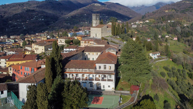 Aerial views of the medieval town of Barga 