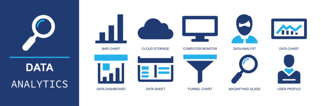 Data analytics icon set. Containing bar chart, cloud storage, monitor, data analyst, data chart, data dashboard, data sheet, funnel chart, magnifying glass and more. Solid fill vector icons.