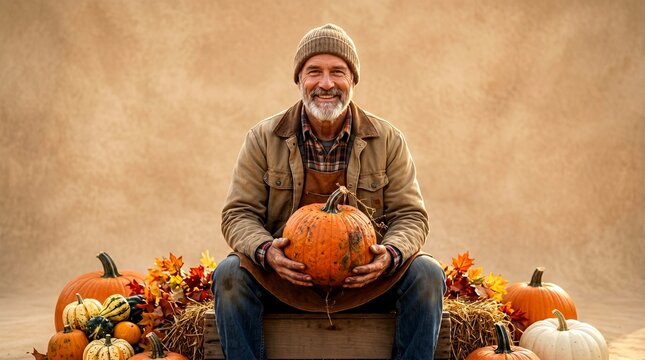 Happy senior farmer holding large orange pumpkin sitting amidst rustic