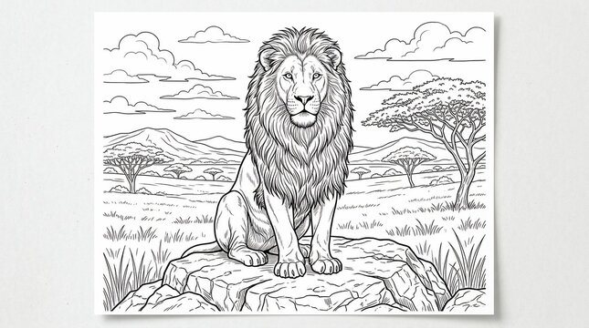 majestic lion sitting on rock in savannah landscape