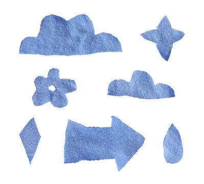 Cotton textile appliques for collage, scrapbooking, kids' crafts, sewing projects, stickers, cards, and creative design. Collection of handmade blue fabric shapes isolated on a transparent background.